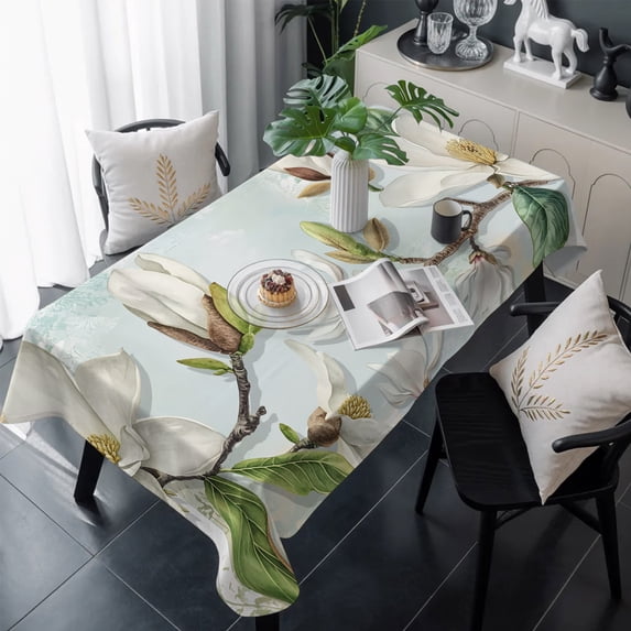 Country Flowers Table Cloth Waterproof Tablecloths, Spring Botanical Magnolia Branches Tablecloth Dining Table Cover for Kitchen Party Tabletop Outdoor, Rectangle Tablecloth 54x108 Inch