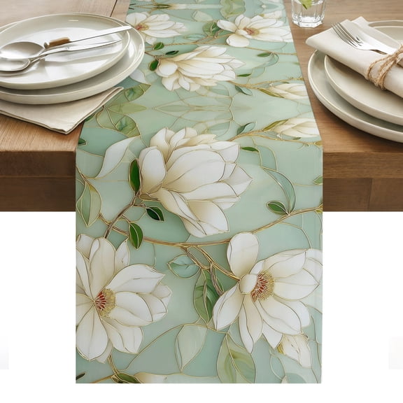 Country Flowers Table Runner Green Magnolia Flowers Rustic Botanical Tablerunners 13 x 36 Inch, Table Decorations Tabletop Scarf for Summer Gathering Holiday Farmhouse Kitchen Dining Decor