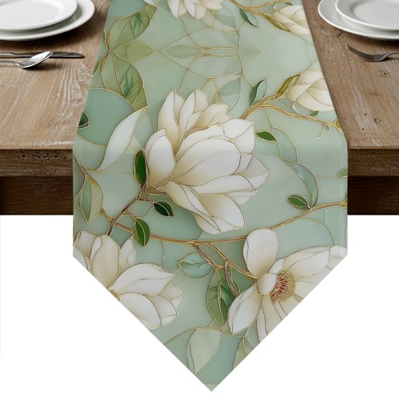 Country Flowers Table Runner Linen Burlap Table Runner 36 Inches Small Green Magnolia Flowers Rustic Botanical Dresser Scarves for Kitchen Island Coffee Dining Room Party Holiday Decor 13"x36"