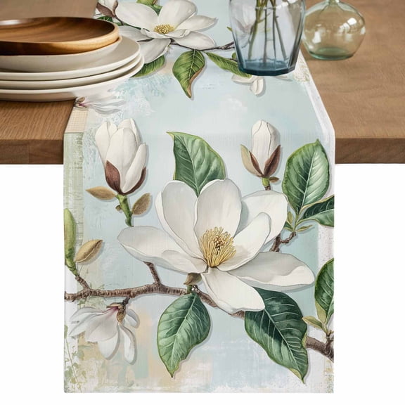 Country Flowers Table Runner, Spring Botanical Magnolia Branches Washable Cotton Linen Table Runners 36 Inches Long, Dresser Scarf Runner for Nightstand/End Tables/Round Tables 13''x36''