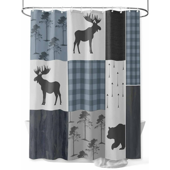 Country Forest Bear Moose Shower Curtain, Rustic Farmhouse Blue Black Plaid Bathroom Decor Curtains Set with Hooks, Waterproof Fabric Home Accessories， 72 X 72 Inch Long