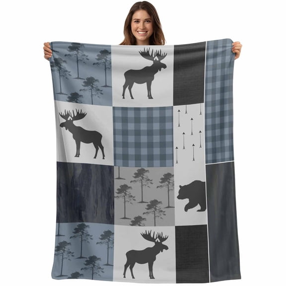 Country Forest Bear Moose Throw Blankets, Rustic Farmhouse Blue Black Plaid Soft Fleece Blanket Decorative for Home Sofa Couch Chair Living Bedroom, 32x48 Inches,