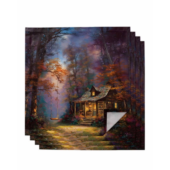 Country Forest Cloth Napkins Set of 4 Reusable Dinner Napkins, Farmhouse Nature Trees Cabin Starry Sky Cocktail Napkin Washable Table Napkins for Wedding/Holiday Party/Baby Shower 20"x20"