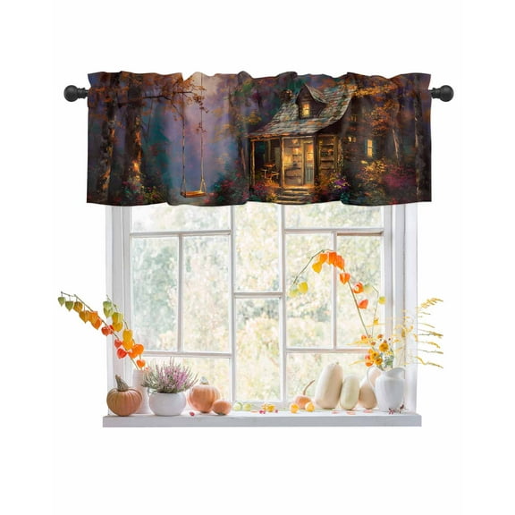 Country Forest Curtain Valance for Windows/Kitchen/Living Room/Bedroom, Farmhouse Nature Trees Cabin Starry Sky Rod Pocket Window Treatment Short Drape Topper Small Tier Cafe Curtains Panel 54X18