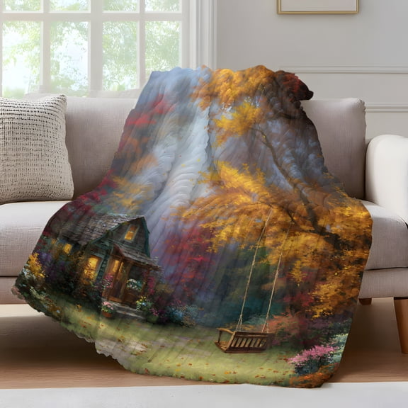 Country Forest Fleece Throw Blanket for Couch, Fall Farmhouse Trees Cabin Nature Scenery Microfiber Flannel Blanket for All Season, Lightweight Soft Throw Blankets for Baby, Kids, Pets, 30"x40"
