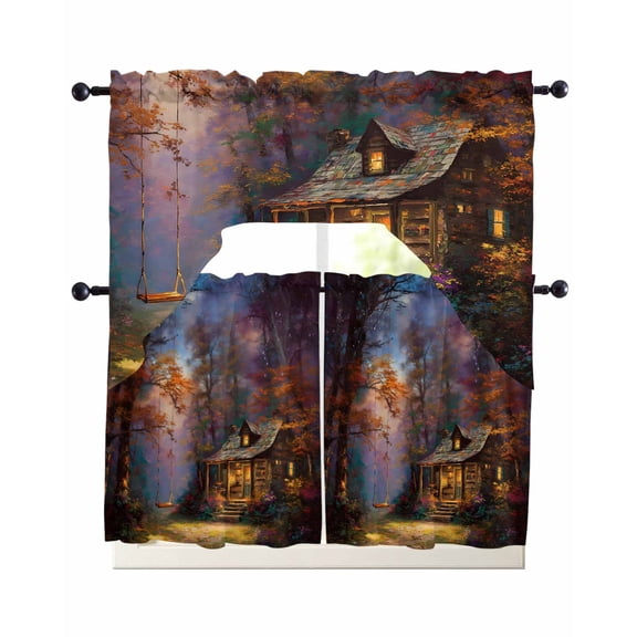 Country Forest Kitchen Curtains Set for Windows 3 Piece Cafe Curtains 36 Inch Length Swag Curtains Valances and Tier Set Farmhouse Nature Trees Cabin Starry Sky Drapes for Bedroom Bathroom