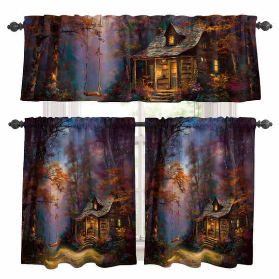 Country Forest Kitchen Curtains Sets for Windows 36 Inch Length, Farmhouse Nature Trees Cabin Starry Sky Rod Pocket Window Treatments Tier Curtains and Valances Set for Bedroom/Bathroom