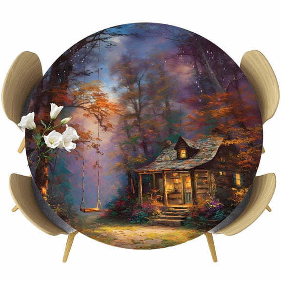 Country Forest Round Tablecloth 36-44 Inch Round Fitted Table Cloth with Elastic Edge, Farmhouse Nature Trees Cabin Starry Sky Waterproof Table Cover Protector for Outdoor Picnic Party Dining