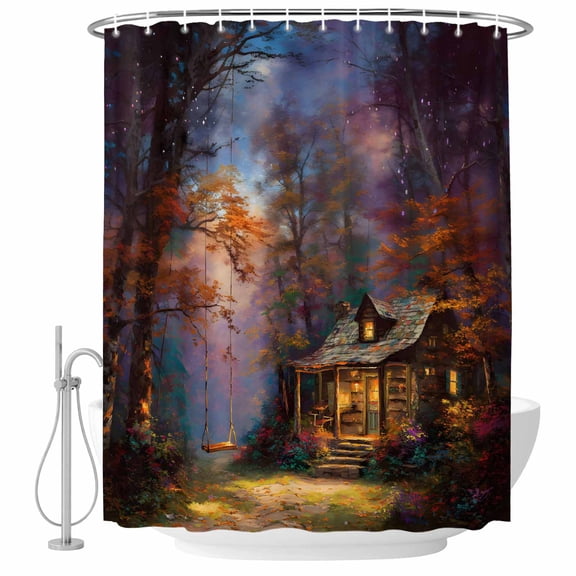 Country Forest Shower Curtain, Waterproof Shower Curtains for Bathroom, Farmhouse Nature Trees Cabin Starry Sky Washable Fabric Bathtub Curtain Set Bath Decor with 12 Hooks Stall 36"x72"