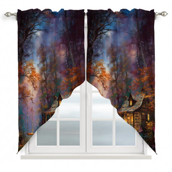 Country Forest Swag Curtain Valances, Farmhouse Nature Trees Cabin Starry Sky Kitchen Valance for Window, Rod Pocket Small Topper Drapes for Cafe Bedroom Bathroom 2 Panels Window Treatment 28"x36"