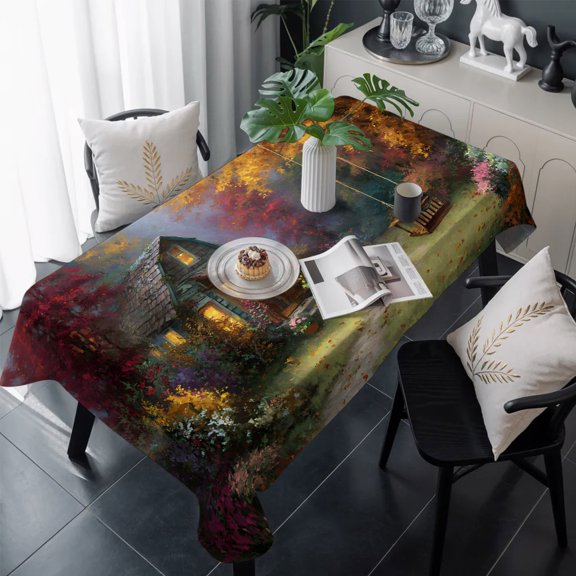 Country Forest Table Cloth Waterproof Tablecloths, Fall Farmhouse Trees Cabin Nature Scenery Tablecloth Dining Table Cover for Kitchen Party Tabletop Outdoor, Rectangle Tablecloth 60x120 Inch