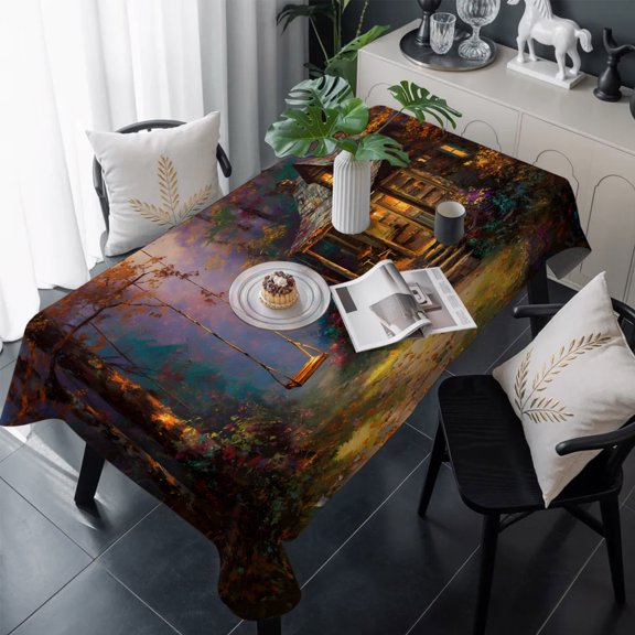 Country Forest Table Cloth Waterproof Tablecloths, Farmhouse Nature Trees Cabin Starry Sky Tablecloth Dining Table Cover for Kitchen Party Tabletop Outdoor, Rectangle Tablecloth 60x120 Inch