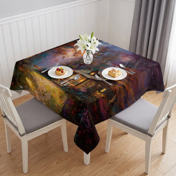 Country Forest Table Cloth Waterproof Tablecloths, Farmhouse Nature Trees Cabin Starry Sky Tablecloth Dining Table Cover for Kitchen Party Tabletop Outdoor, Square Tablecloth 54x54 Inch