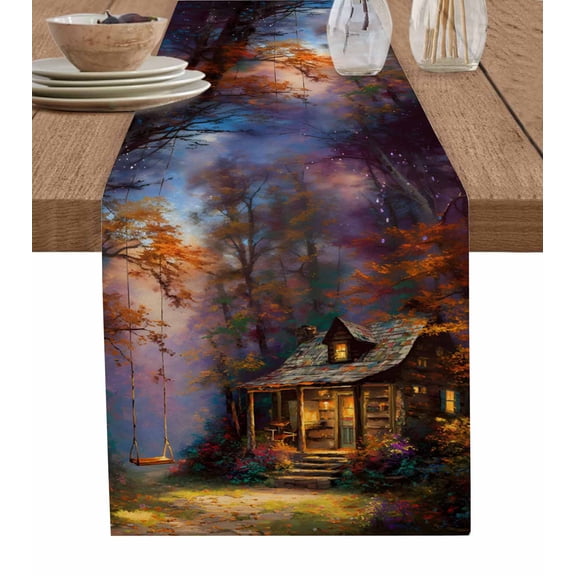 Country Forest Table Runner 36 Inches, Farmhouse Nature Trees Cabin Starry Sky Bed Runner Dresser Scarves Tabletop for Indoor Outdoor Parties/Ceremony/Banquet, 13"x 36"