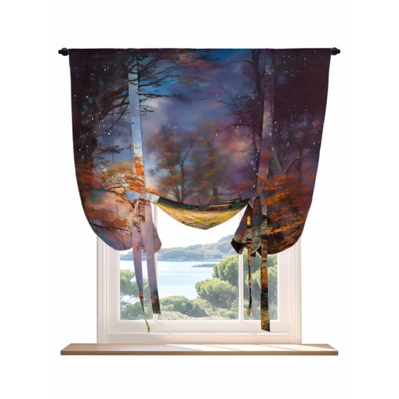 Country Forest Tie Up Curtains for Windows 45 Inch Length Balloon Curtains Kitchen Adjustable Balloon Window Shade Farmhouse Nature Trees Cabin Starry Sky Tie Up Bathroom Curtain Window 34"x45"