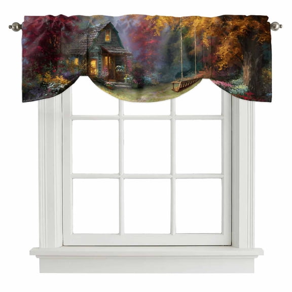 Country Forest Tie Up Valance Curtains for Windows, Kitchen Curtains Window Treatments, Fall Farmhouse Trees Cabin Nature Scenery Short Window Shades Valances for Bedroom Bathroom Cafe 42"x12"