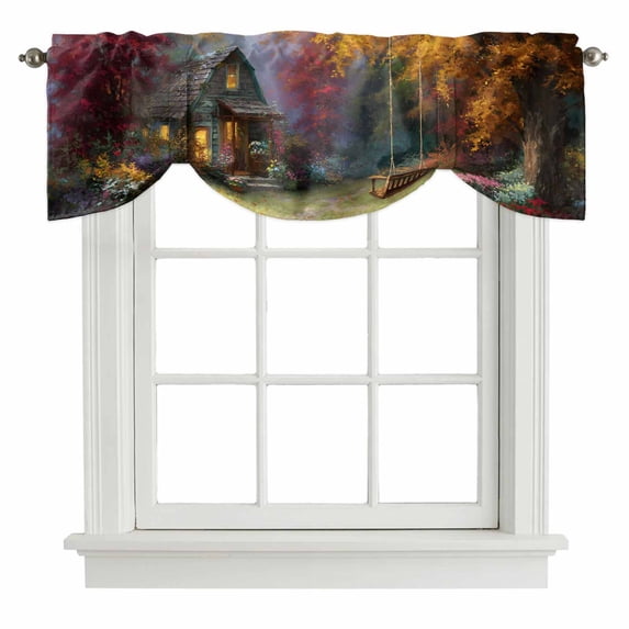 Country Forest Tie Up Valance Curtains for Windows, Kitchen Curtains Window Treatments, Fall Farmhouse Trees Cabin Nature Scenery Short Window Shades Valances for Bedroom Bathroom Cafe 42"x12"