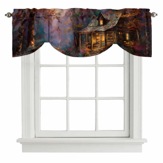 Country Forest Tie Up Valance Curtains for Windows, Kitchen Curtains Window Treatments, Farmhouse Nature Trees Cabin Starry Sky Short Window Shades Valances for Bedroom Bathroom Cafe 42"x18"
