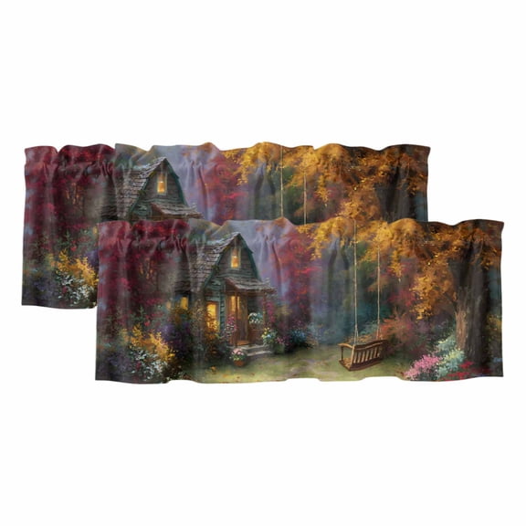 Country Forest Valances for Windows, Decorative Rod Pocket Window Valance Curtains, Fall Farmhouse Trees Cabin Nature Scenery Short Curtain Drapes for Kitchen/Living Room, 2 Panels, 42" W x 12" L