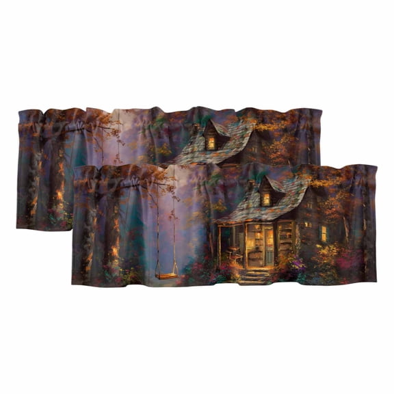 Country Forest Valances for Windows, Decorative Rod Pocket Window Valance Curtains, Farmhouse Nature Trees Cabin Starry Sky Short Curtain Drapes for Kitchen/Living Room, 2 Panels, 42" W x 12" L