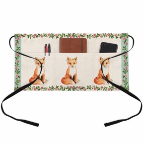 Country Fox Waitress Apron with 3 Pockets, Farmhouse Rustic Flower Leaf Plant Beige Server Aprons Waterproof Kitchen Restaurant Half Waist Apron for Men Women