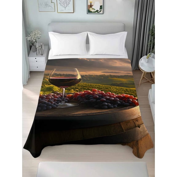 Country Full Size Flat Sheet, Wrinkleproof & Fadeproof Cooling Flat Bed Sheet Only, Grapes Casks Wine Farmhouse Breathable Soft Bedding Top Sheets 81 x 96 Inches