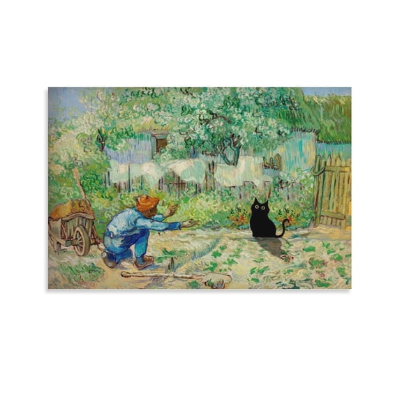 Country Funny Cat Prints, Black Cat Wall Art, Vincent Van Gogh - Garden Black Cat Art, Picture Print Canvas Poster Wall Paint Art Posters Decor Modern Home Artworks Gift 12x18inch(30x45cm)