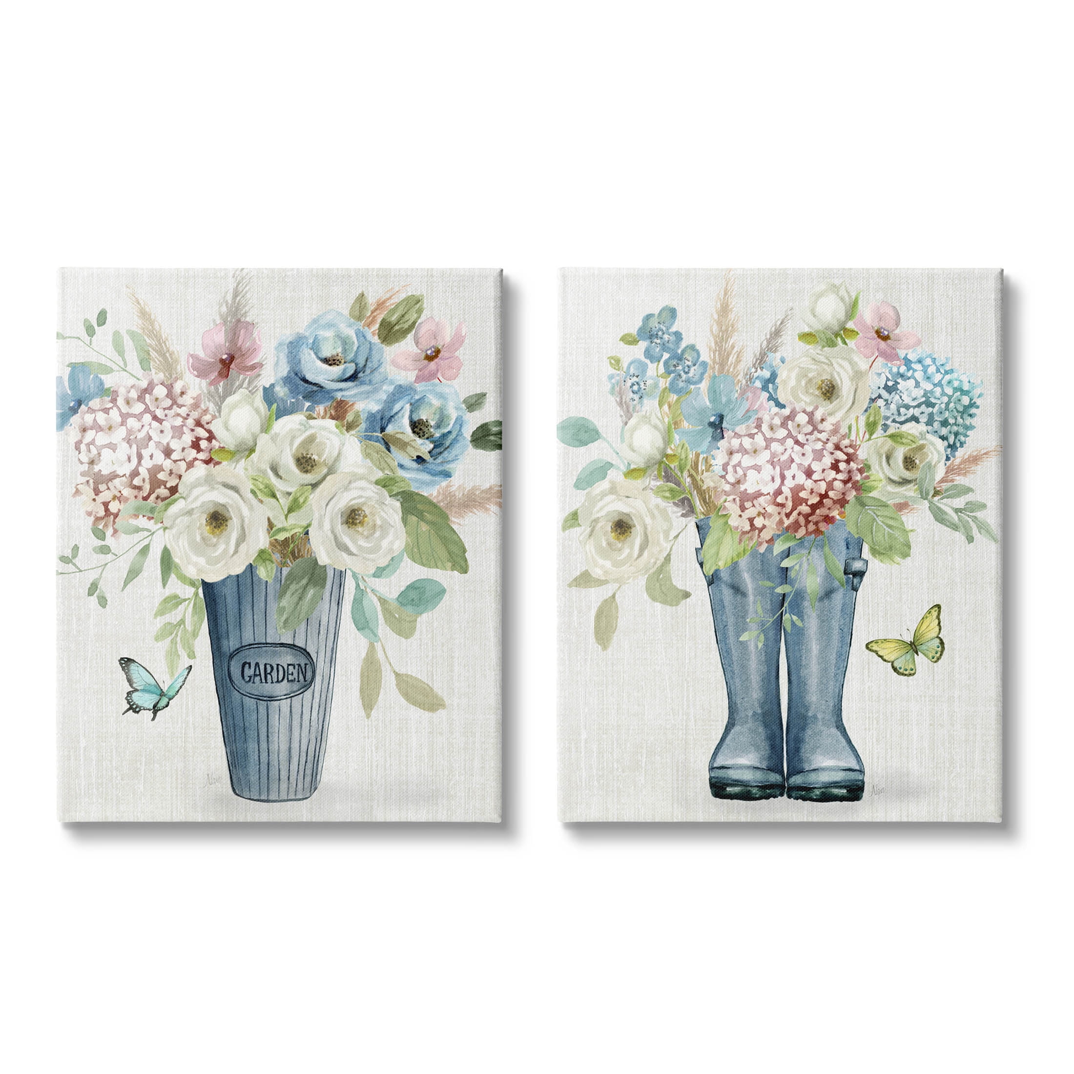 Country Garden Bouquets Rain Boots Botanical & Floral Graphic Art Gallery Wrapped Canvas Print Wall Art, Set of 2