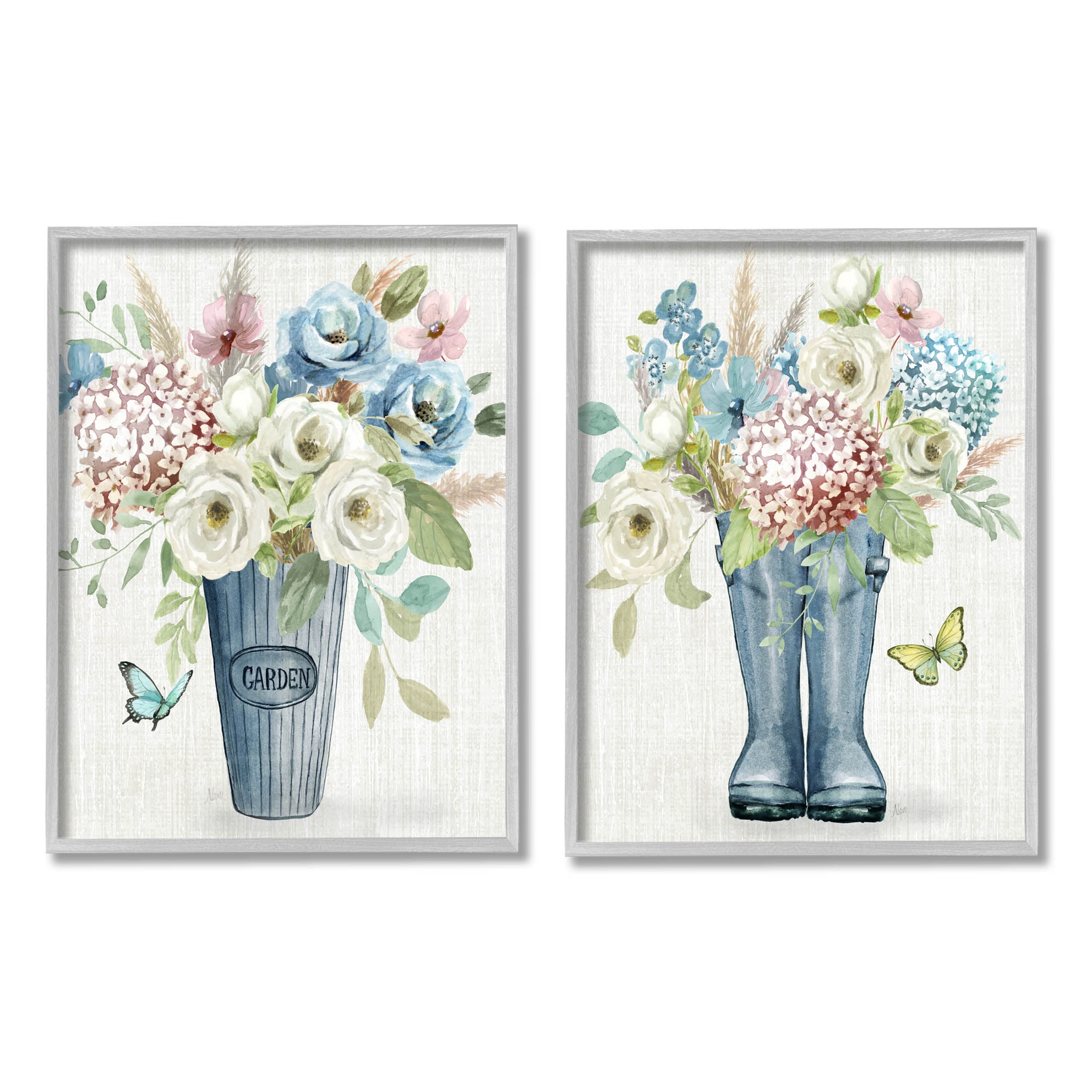 Country Garden Bouquets Rain Boots Botanical & Floral Graphic Art Gray Framed Art Print Wall Art, Set of 2