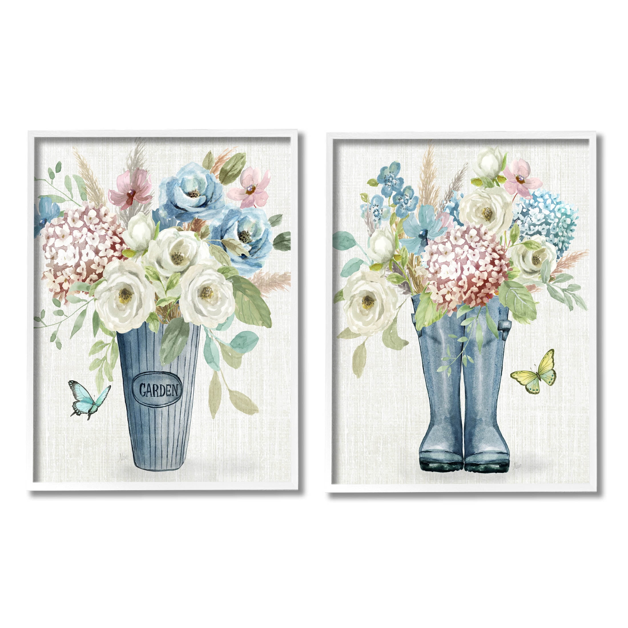 Country Garden Bouquets Rain Boots Botanical & Floral Graphic Art White Framed Art Print Wall Art, Set of 2