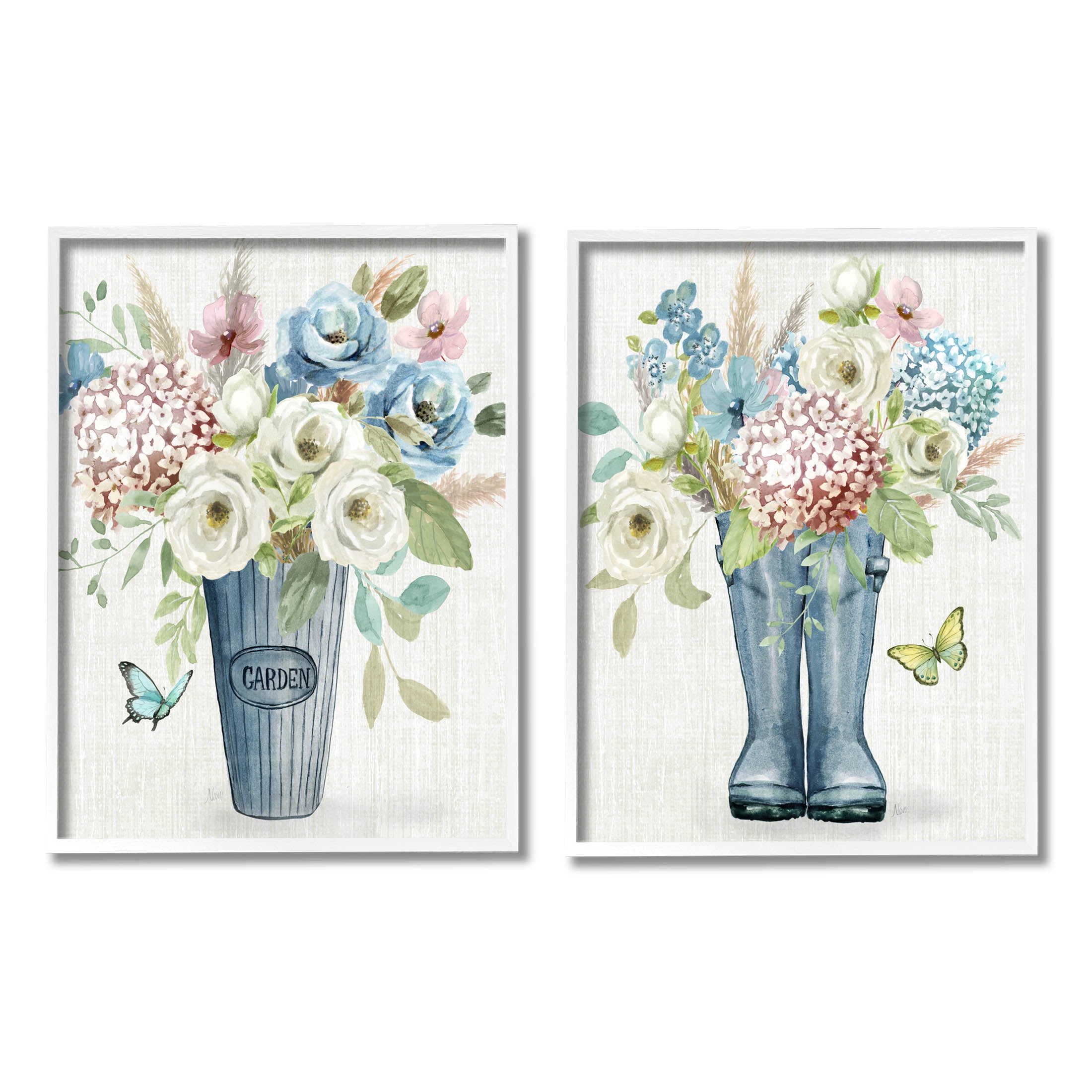 Country Garden Bouquets Rain Boots Botanical & Floral Graphic Art White Framed Art Print Wall Art, Set of 2