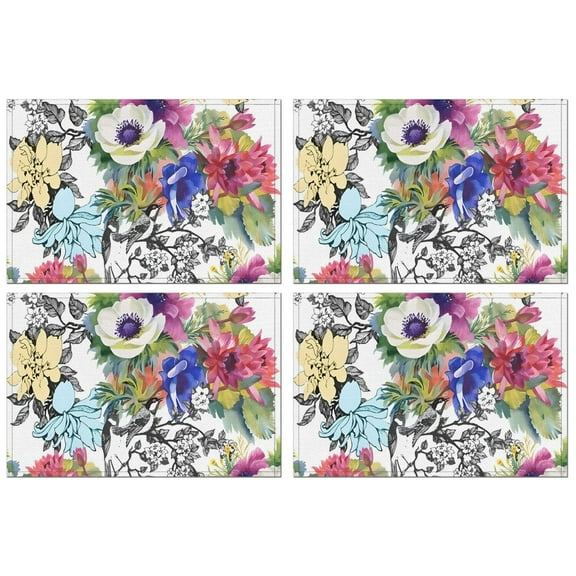 Country Garden Floral Placemats Set of 4, Wrinkle Free Heat Resistant Flax Placemats with Butterfly and Wildflower Bloom for Rustic Dining Table