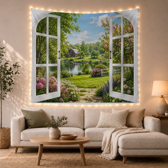 Country Garden Through an Open Arched Window, Peaceful Farmhouse for Nature Lovers, Country Garden Decor, Housewarming Gift, Tapestry Wall Hanging for Living Room and Bedroom