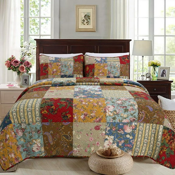 Country Garden Patchwork Quilt Set 3Pcs Reversible Bedding Set Bedroom Bed 100% Cotton King Size
