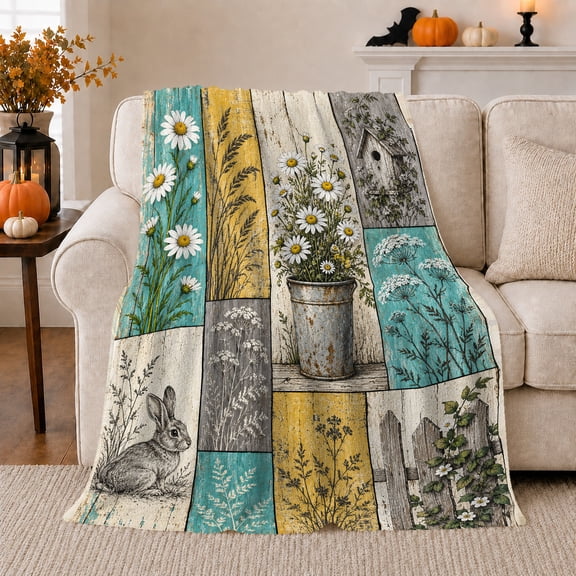 Country Garden Wildlife Daisies Rustic Farmhouse Still Life, Rustic Botanical Portrait, Warm Flannel Blanket for Ranch House and Living Room, Garden Lovers Housewarming Gift, Rustic Home Decor