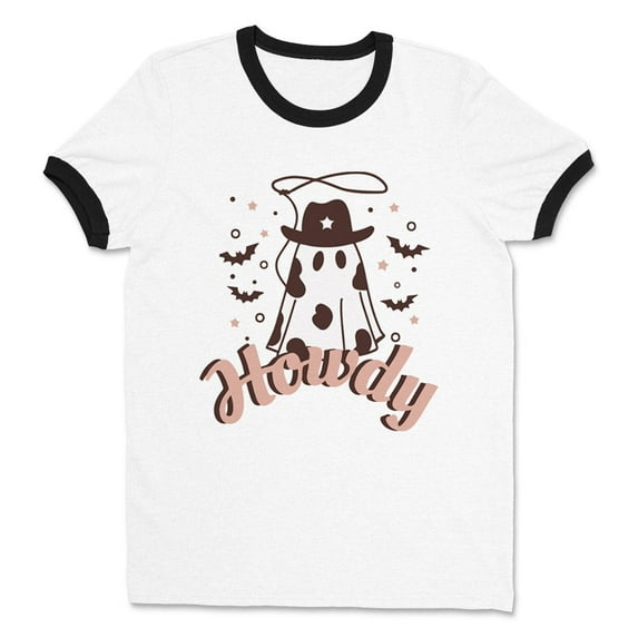 Country Ghost Howdy Ringer Tee Shirt Unisex Large White/Black