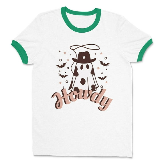 Country Ghost Howdy Ringer Tee Shirt Unisex Large White/Kelly Green