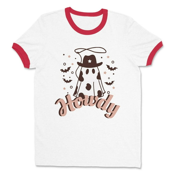 Country Ghost Howdy Ringer Tee Shirt Unisex X-Large White/Red