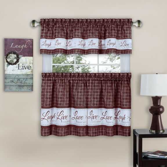 Country Gingham Check Live Laugh Love 3-Piece Cafe Plaid Kitchen Curtain Set