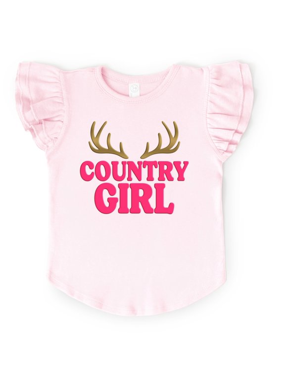 Country Girl Antlers Puff Print - Flutter Sleeve Graphic T-Shirt