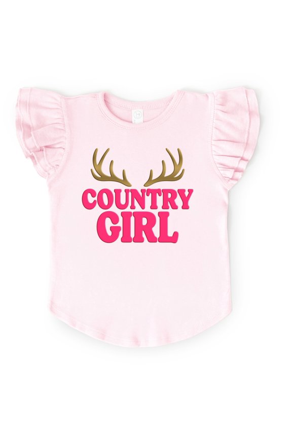 Country Girl Antlers Puff Print - Flutter Sleeve Graphic T-Shirt