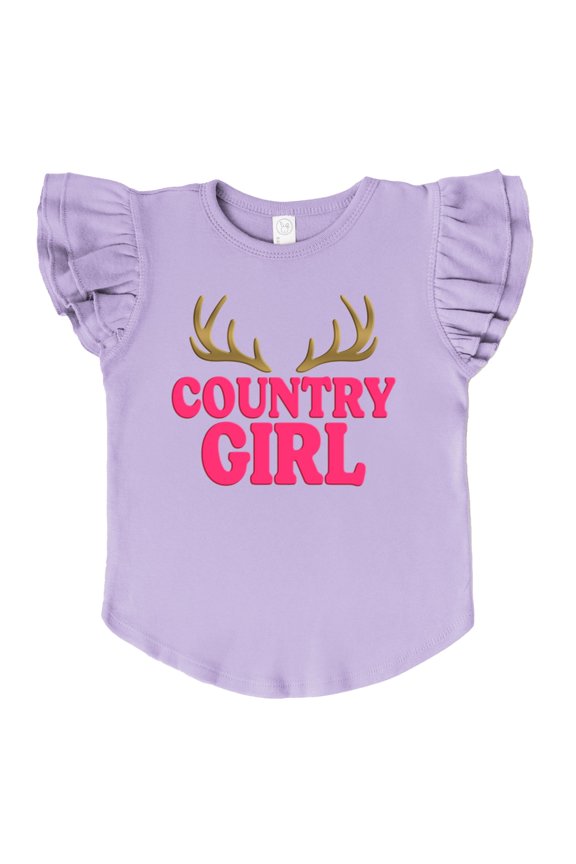 Country Girl Antlers Puff Print - Flutter Sleeve Graphic T-Shirt