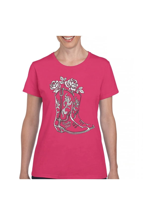 Country Girl Boots T-Shirt Vintage Cowgirl Western Floral Southern Rustic Country Style Cute Roses Rodeo Women's Tee