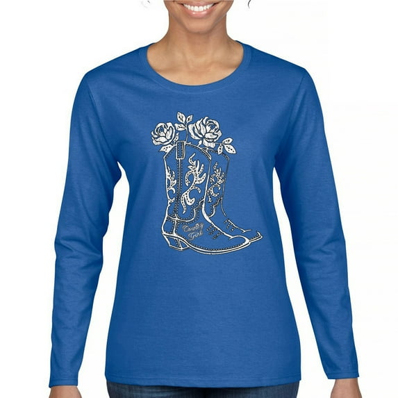 Country Girl Boots Women's Long Sleeve T-shirt Vintage Cowgirl Western Floral Southern Rustic Country Style Cute Roses Rodeo