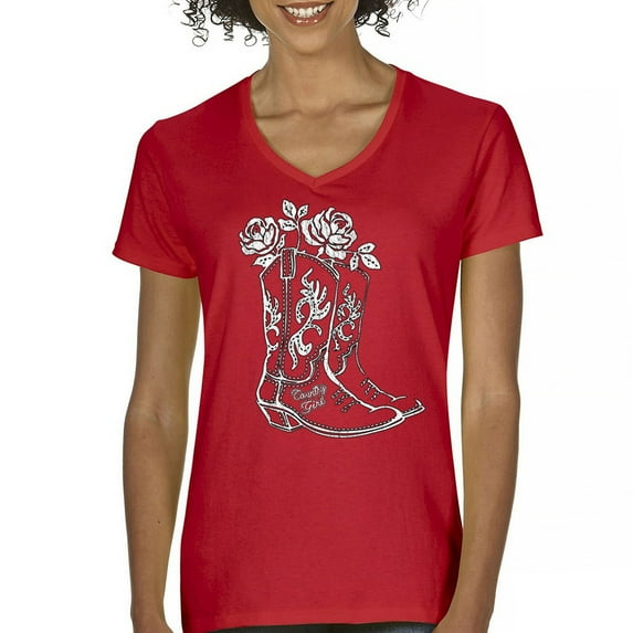 Country Girl Boots Women's V-Neck T-shirt Vintage Cowgirl Western Floral Southern Rustic Country Style Cute Roses Rodeo Tee