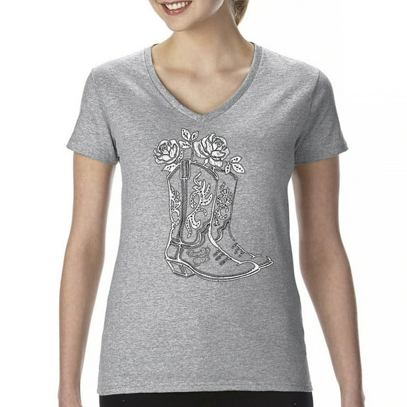 Country Girl Boots Women's V-Neck T-shirt Vintage Cowgirl Western Floral Southern Rustic Country Style Cute Roses Rodeo Tee