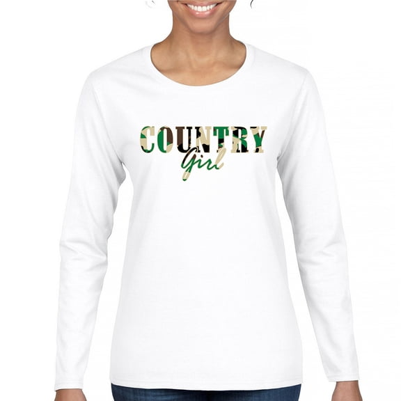 Country Girl Camo Women's Long Sleeve T-shirt Small Town Cowgirl Farm Life Military