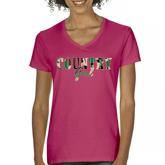 Country Girl Camo Women's V-Neck T-shirt Small Town Cowgirl Farm Life Military