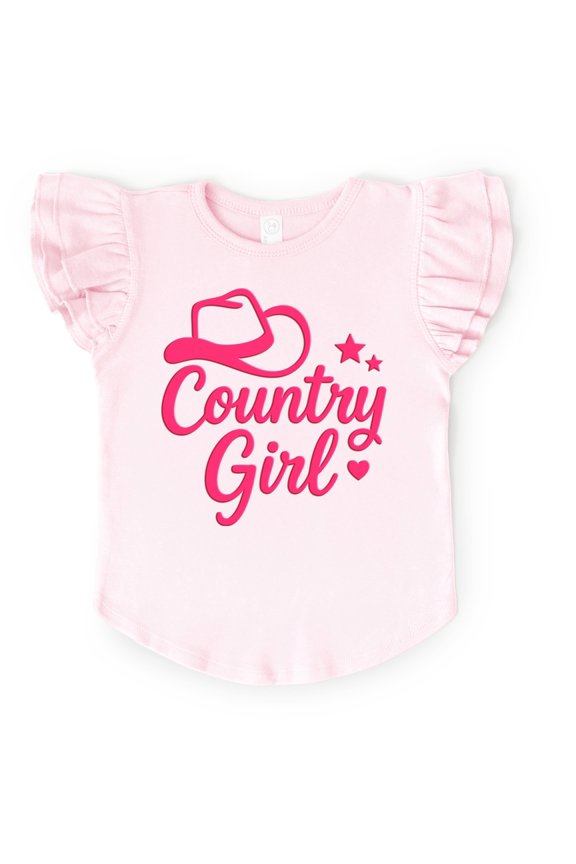 Country Girl Hat Puff Print - Flutter Sleeve Graphic T-Shirt