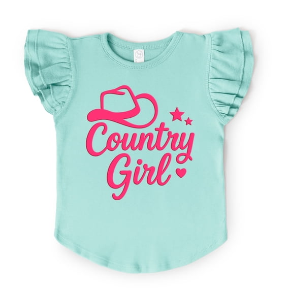 Country Girl Hat Puff Print - Flutter Sleeve Graphic T-Shirt